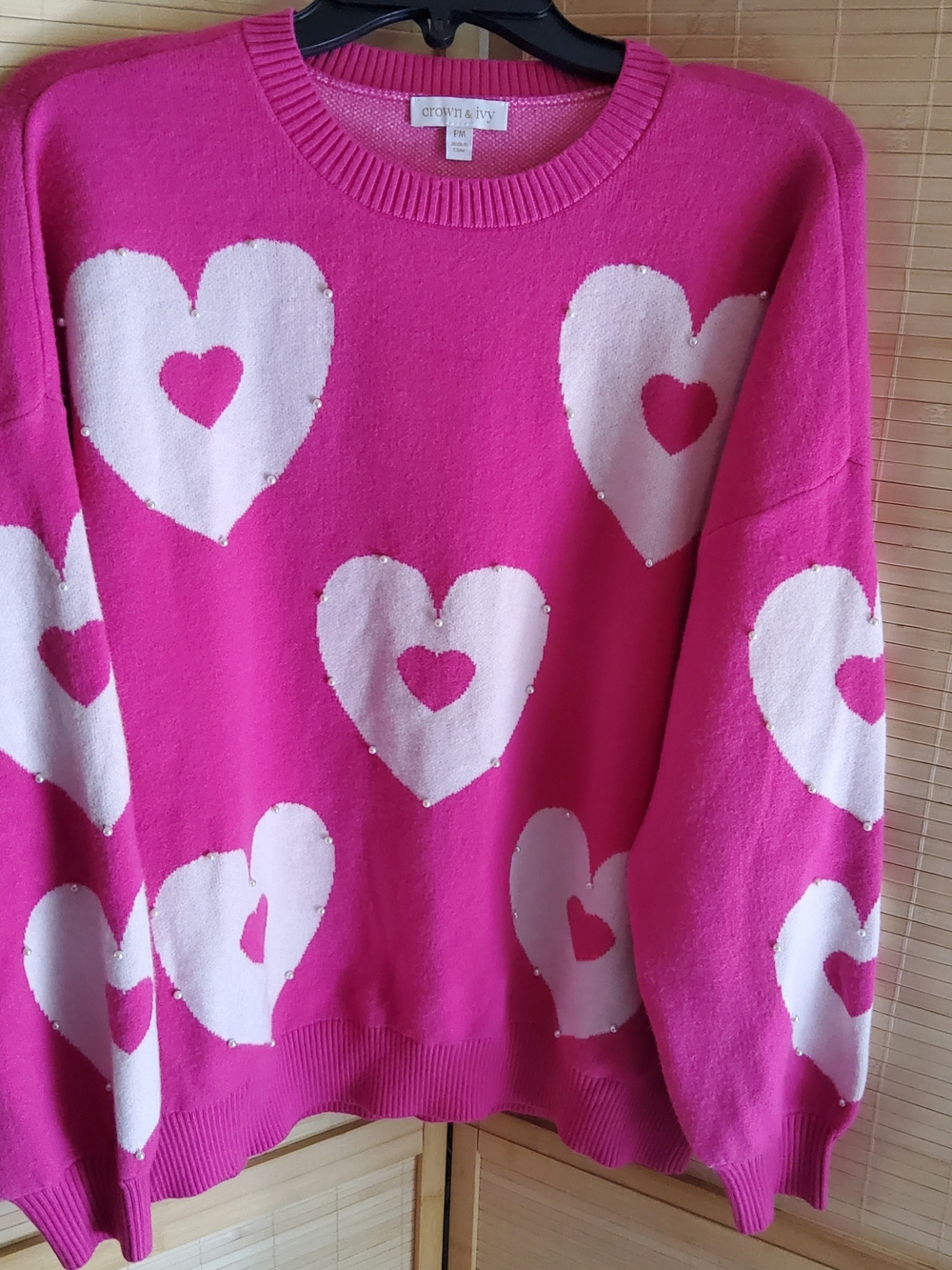 Crown & Ivy Hot Pink Heart Knit Sweater